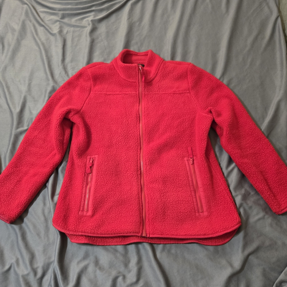 TALBOTS FLEECE JACKET WOMENS MEDIU PETITE FULL ZIP POCKETS FALL COZY POCKET RED